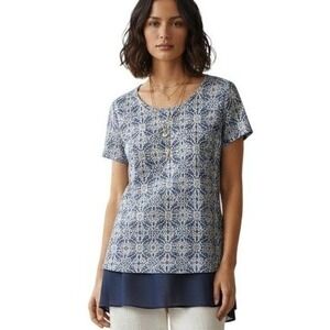 PLEIONE Blue & White Blouse Artisanal Lace Overlay Mixed Media Top‎ Size Small